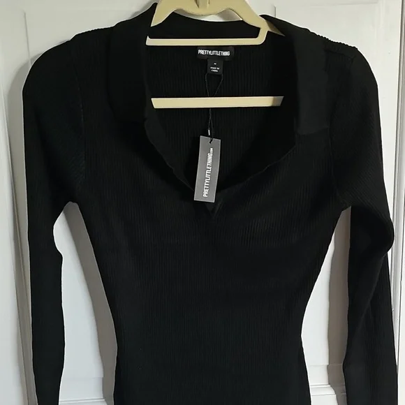 NWT PrettyLittleThing Black Long Sleeve Ribbed Bodycon Mini Dress - Picture 7 of 7